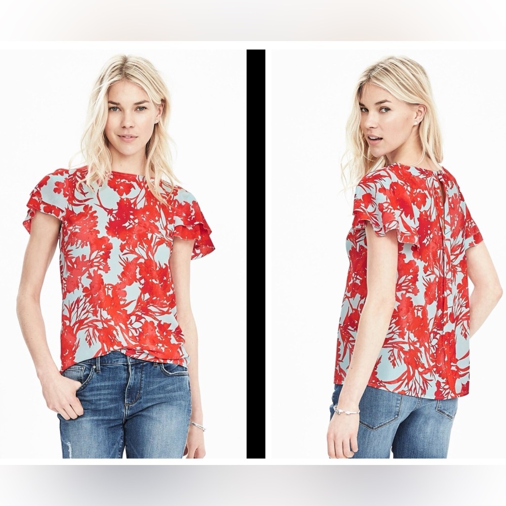 Banana Republic Flutter Sleeve Print Keyhole Back Teal Blouse Size XL